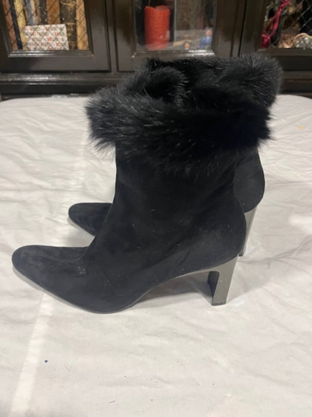 VTG Carmen Poveda Spain Black Suede Fur Ankle Boots 3" Metallic Heels Size:7-7.5